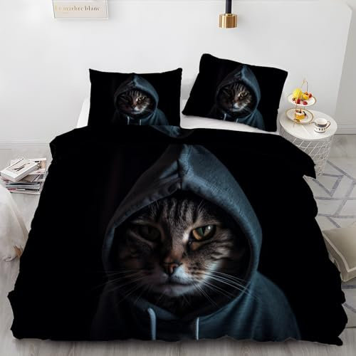 BettwäSche 220x240 Katze Im Sweatshirt Bettbezug mit 2 Kissenbezug 80x80 cm Weiche und Angenehme 120g Mikrofaser Bettwaren Cool Bettwäsche-Sets 3-Teilig mit Reißverschluss für EinzelbettDoppelbett