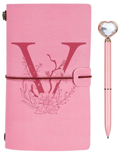 Regalo Diario in Pelle Iniziale, Diario di Viaggio Rosa, Taccuino in Pelle Rifillabile con Penna Diamante Cuore, Idee Regalo Compleanno, Ringraziamento, Natale per Donne Ragazze Amica Scrittori T