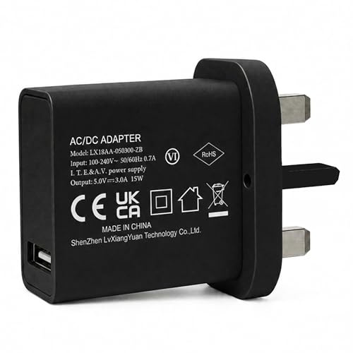 15W USB Charger UK Plug, Black 5V 3A USB-A Power Adapter for Phone & Tablet | Compact 100-240V USB-A wall charger with flame-retardant ABS+PC shell for everyday phone, tablet, speaker and travel charging