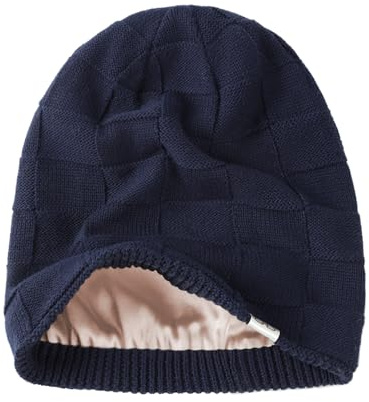 Hat Hut Damen Beanie Satin Gefütterte Wintermütze Strickmütze für Haar, Warme Satin Lined Beanie Mütze Slouchy Beanie Ski Hat Unisex (DE/NL/SE/PL, Alphanumerisch, Einheitsgröße, Navy Blau)