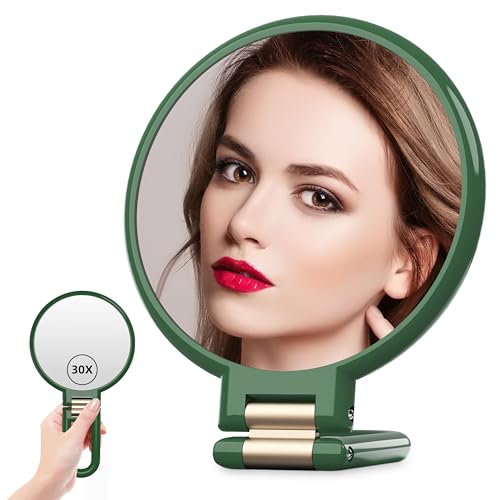 Auxmir 30X Magnifying Mirror with Tweezers, Hand Mirror with Handle, Double-sided Hand with 30X/1X Magnification, Travel Essential Portable Foldable Makeup Mirrors, 360° Rotation for Makeup, Emerald