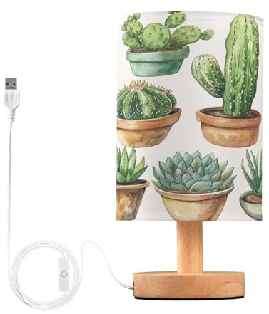 SKYSHU Lampe de chevet en forme de cactus - Petite lampe de bureau LED USB avec base en bois antidérapante et abat-jour agréable pour les yeux - Pour salon, chambre à coucher, dortoir, maison, bureau
