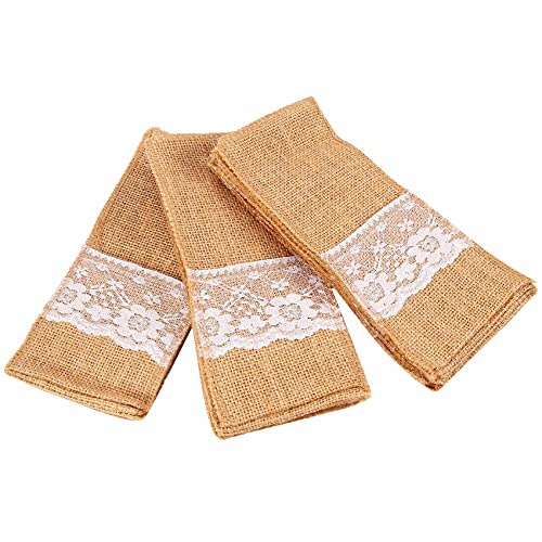 Aisuoka 50 pcs Naturel Coutellerie Couteaux et fourchettes Couverts Porte-Sac en argenterie Toile de et Dentelle Decor de Mariage de Fete, 21 x 11 cm