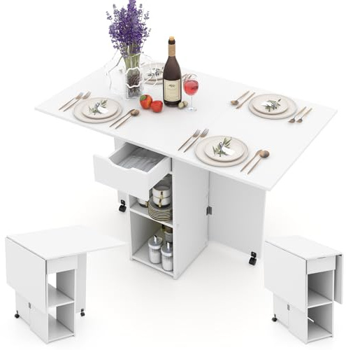 LIFEZEAL 3 in 1 Tavolo da Pranzo, da Cucina, Console, 120x77cm, 4-6 Persone, Pieghevole, Allungabile, con 2 Ruote, 1 Cassetto, 2 Ripiani, in Legno, per Sala da Pranzo, Soggiorno, Max 95 kg (bianco)
