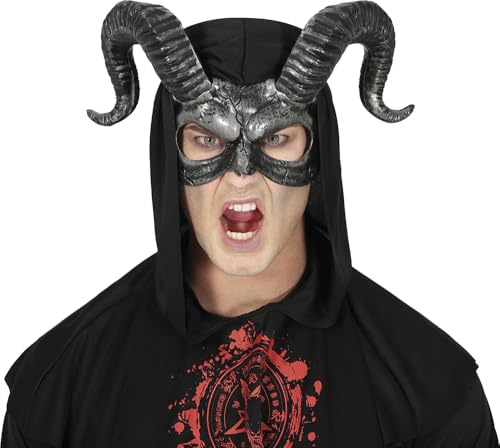 FIESTAS GUIRCA | Media Máscara de Plástico con Cuernos (Talla Única) - Accesorio de Disfraz para Halloween y Fiestas de Animales, Diablos o Demonios - Ideal para Adulto Unisex - Plata y Negro