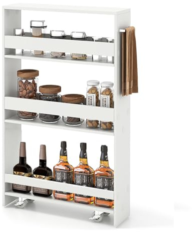 CHEFJOY 4-Tier Slim Rolling Storage Cart, Wooden Kitchen Utility Cart with Wheels & Handle, Space Saving Trolley, Slide Out Shelving Unit for Narrow Spaces, Laundry, Bathroom (White)