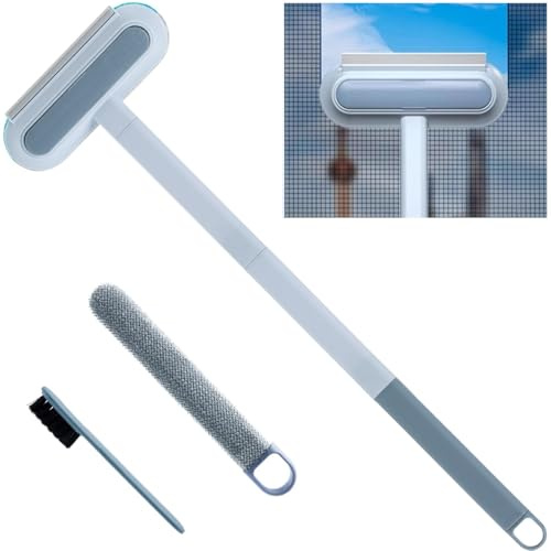 Spazzola Pulizia Zanzariera 2 in 1 con Raschietto,Extra lungo: 60cm | 2 Piccole Spazzole per gli Angoli, Labbro in Silicone 14,3 cm, Foro per Appendere, per Zanzariere, Specchi, Finestrini Auto