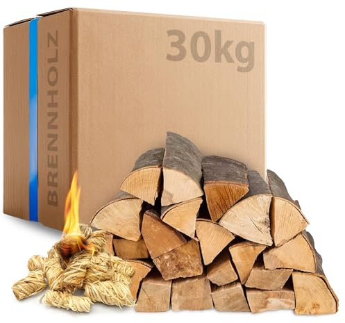 30 kg Buchen Brennholz, 30 cm kammergetrocknet, mit 15 Kaminanzündern, ideal für Kamin, Ofen, Feuerschale, Grill, Smoker, umweltfreundlich, raucharm, nachhaltige Verpackung, sofort verwendbar