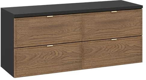 Lomadox Badezimmer Doppel-Waschtischunterschrank 120 cm breit in Eiche und schwarz, hängend mit 4 Schubladen