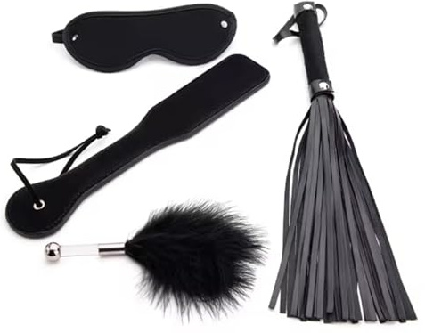 Kits BDSM, set de bondage para parejas, set de 4 piezas de bondage sexual con antifaz,látigo sexual,pala de azotes,palo de plumas,juguetes BDSM,juegos sexuales para mujeres y hombres