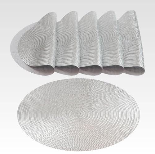 AGYO 6er Set Tischsets rund geflochten Ø 38 cm - Platzsets aus PP Silber, rutschfest, abwaschbar und rollbar - Elegantes Design für Tisch, Küche und Outdoor