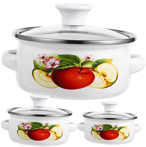 ZUNOXAZ 3Pcs Mini Enamel Soup Pots with Double Handles Flat Bottom Stockpots for Stewing Instant Noodles and Milk Cooking Lightweight and Stackable Kitchen Cookware with Random Pattern