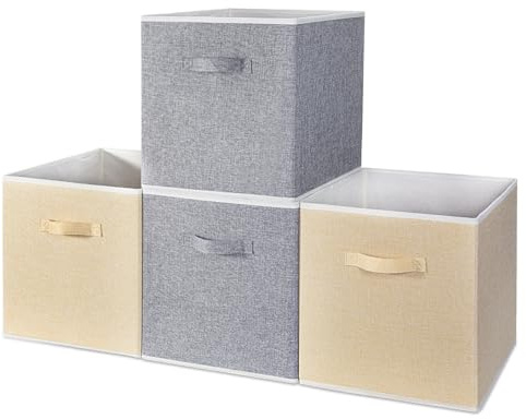 BrilliantJo - Set da 4 scatole portaoggetti in tessuto, 33 x 38 x 33 cm, scatola portaoggetti pieghevole con maniglie, sistema di ordinamento, cestino per armadio, scaffale, guardaroba, beige+grigio