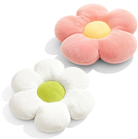 2 Stück Blumenkissen, 40 * 40 cm Kissen Blumenform, Sonnenblumenpuppe, Puppen Bunt, Plüsch-Bodenkissen für Schlafzimmer, Deko Sofakissen Kinderzimmer für Schlafzimmer Sofa Stuhl Dekoration (Rosa+Weiß)