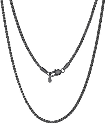 PROSTEEL Mens Necklace Chain Stylish Flat Box Chain Link 2mm Black 22 inch, Hypoallergenic 316L Stainless Steel Jewellery (with Gift Box)