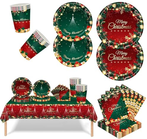 69 PCS Nappe de Decoration Noel, Ensemble De Vaisselle de Noël, Vaisselle en Papier de Noël, Assiettes, Serviettes, Gobelets, Nappe, Décoration de Fête de No ël À Maison