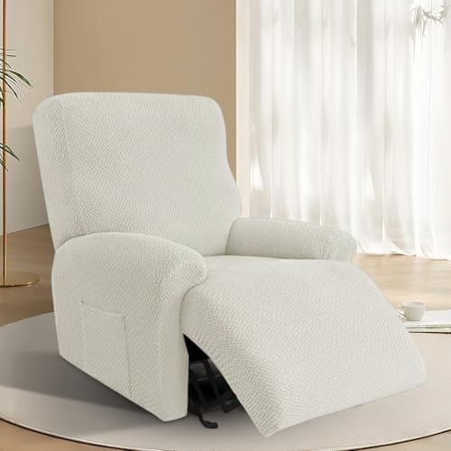 XJJAUGKLY 4er Set Sesselschoner für Relaxsessel, All-Inclusive Stretch Sessel üBerzug, Waschbar Sesselbezug mit Taschen, Sessel Bezug, Sofabezug, für Fernsehsessel Liege Sessel (Beige)