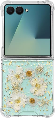 Efitoo for Samsung Galaxy Z Flip 7 Case Cute Clear with Real Dried Pressed Flower Design Glitter Sparkle Women Girly Aesthetic Protective Shockproof Floral Phone Cover (Gold Daisy)