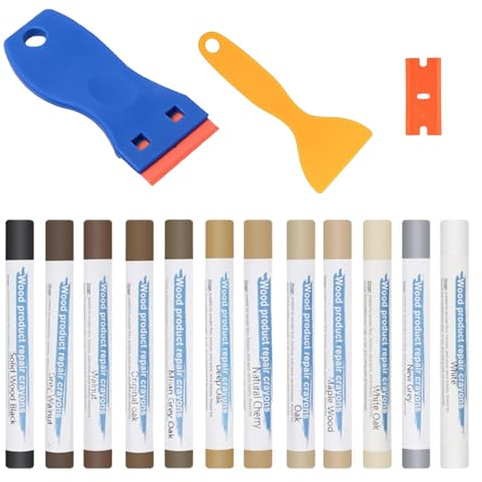 Yuqilin 15 Pezzi Stucco Legno Stucco per Legno Riempitivo Set con 12 Pastelli Per Riparazioni E 2 Accessori Cera Parquet Kit Riparazione Mobili per Ripristinare Venature Lucentezza Legno Massello
