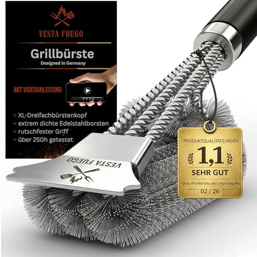 Grillbürste Edelstahl VestaFuego – Grill Reinigungsbürste mit Schaber, BBQ Grillreiniger, 3-in-1 Grillbürste mit extra langem Griff & Edelstahlschaber für Gasgrill, Holzkohlegrill & Smoker
