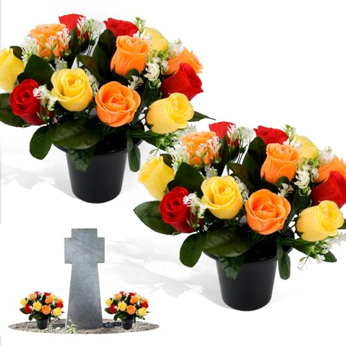 Maxmoc 2 Pcs Artificial Flowers for Graves,25cm Grave Flower Pots,Christmas Cemetery Flowers Decoration with 12 Head Roses for Cemetery Funeral Memorial Outdoor Graveside Decoration (Orange + Red)