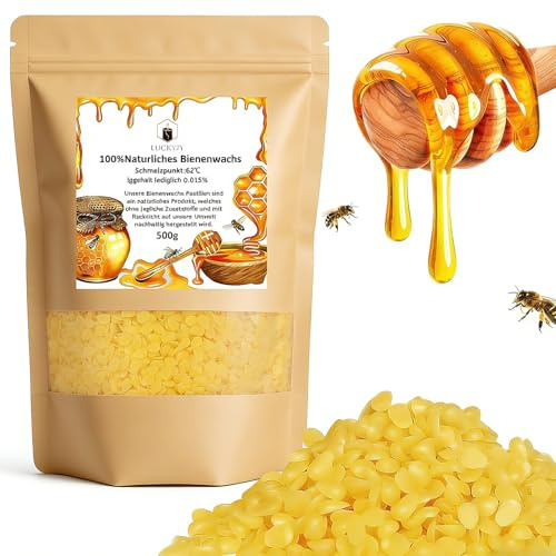 LUCKYJY Pastilles de cire d'abeille 100 % naturelle - Jaune - 500 g - Pour cosmétiques, bougies, crèmes, onguents, savons - Dans un sac zippé pratique