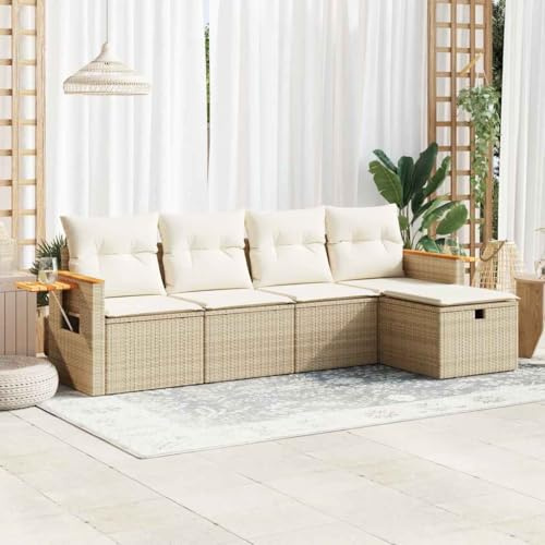 LoogCape Ensemble de canapé de jardin 5 pièces avec coussins beige - Salon en rotin synthétique pour terrasse, balcon et extérieur - Groupe de sièges d'extérieur modulaire avec espace de rangement