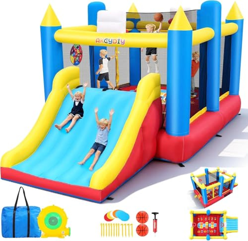 AKEYDIY hoppborg för barn från 3–12 år, 4,6 x 2,5 x 2,1 m, med stor studsyta, extra bred halkfri, 2 basketkorgar, avtagbart volleybollnät (stor rutschuppgradering)