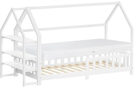 ML-Design Kinderbett Hausbett 90x200 cm mit Matratze H:16cm, Rausfallschutz, Regal, Dach & Lattenrost, Weiß, Bettgestell aus Kiefernholz, Montessori Bodenbett, Jugendbett Holzbett für Mädchen & Jungen
