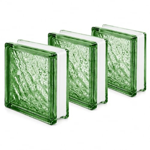 Vetromattone Verde 19x19x8 cm Set 3 Pezzi Ondulato Mattone di Vetro Colorato Vetrocemento Decorativo per Pareti Divisorie Bagno Cucina LEMAG SRL