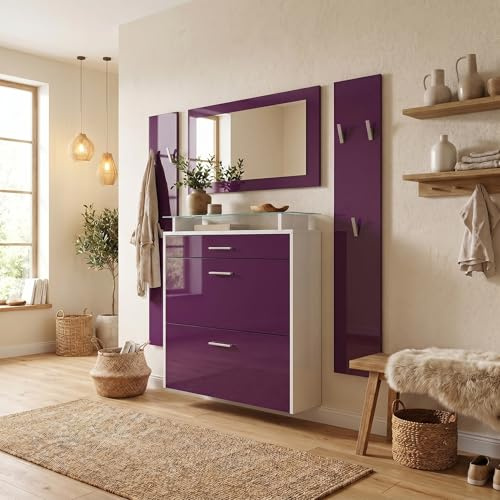 Vladon Garderobe Malea, Garderobenset bestehend aus 1 Hängeschuhschrank, 1 Wandspiegel und 2 Garderobenpaneele, Weiß matt/Brombeer Hochglanz