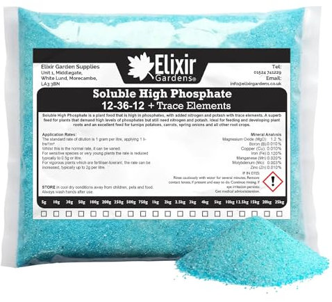 Elixir Gardens High Phosphate Soluble plant food with trace elements VArious Sizes 100g-25kg NPK 12-36-12+TE | 1kg Bag | Makes 1000L of liquid feed
