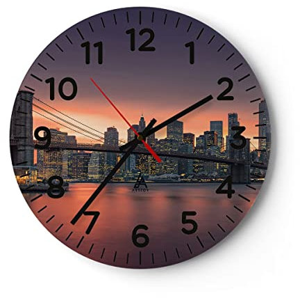 Modern Wanduhr New York Brücke Nacht 30x30cm Rund Klein Wand Uhr Glas Analog Zimmeruhren Küche Büro Wohnzimmer Glasuhr Wall Clock Dekoration Design Wanddekoration Küchenuhr C4AR30x30-4048