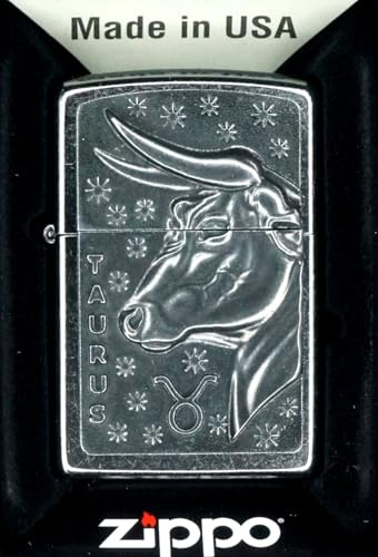 Zippo Sturmfeuerzeug - Zodiac Taurus, Street Chrome, Emblem - Nachfüllbar - Wiederverwendbar - Windfestes Design - Geschenkbox - Made in USA