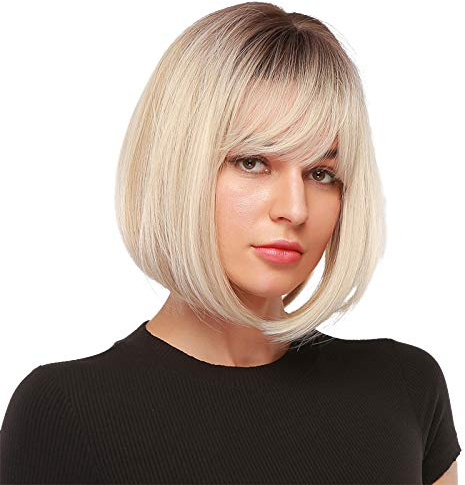 EMMOR Kurze blond Perücke für Frauen, natürliches Kunsthaar Ombre Bob Perücken mit Pony Dark Root für Alltag/Party/Cosplay (14 Zoll, Platin blond)