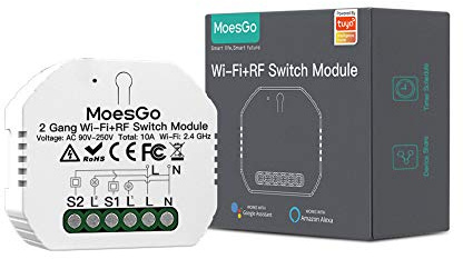 MoesGo Interruptor Wifi Inteligente conmutador Inalambrico Rele Módulo Alexa Control Remoto y RF433 para Interruptores de 2 Gang y 1/2 Way, compatible con la app Smart Life Tuya Alexa Google Home