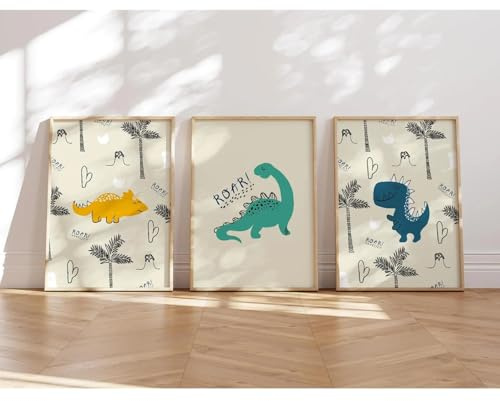 MeinBaby123® Dino Poster Kinderzimmer | Dinosaurier 3er Set DIN A4 I Bilder Kinderzimmer Jungen | Dino Deko Bilder | Babyzimmer Deko (Poster Set - 1)
