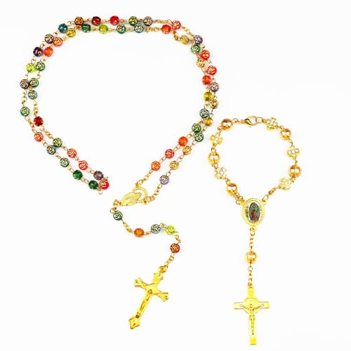 Floatdream Rosenkranz Halskette Armband Set, Rosenkranz Kette Kruzifix, Kreuz Christian Armband, Schön und Zart, für Geburtstagsgeschenk, Anzieh, Taufe, Party (Gold)