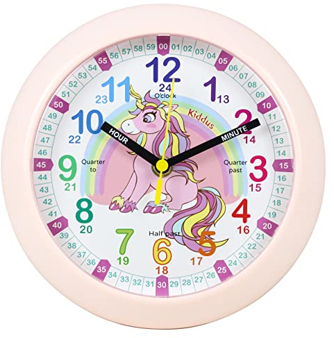Kiddus Orologio da Parete Didattico per Bambini, Ragazzi. Analogico. con Esercizi per Imparare a Leggere l’Ora. Movimento al Quarzo Silenzioso.