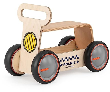 Mamatoyz 03DWPOL DriveMe Wood Police Quadricycle Ride-on aus natürlichem Birkensperrholz, ziehbarer Gehwagen und 3-in-1-Spielzeugkiste für Kinder