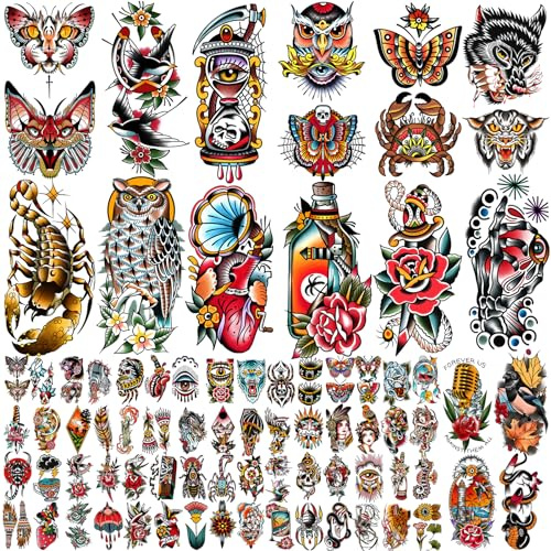 Yazhiji 77 Blatt Wasserdichtes Fake Tattoo für Männer oder Frauen 17 Größere Halbarm Eule Pfingstrose Schlange Temporäre Tattoos für Jungen oder Mädchen Und 60 Blatt Blumen Tattoo Aufkleber