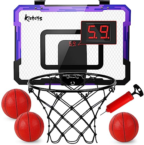 Kiztoys Panier de Basket Enfant, Mural Panier Basket Interieur avec Tableau d'affichage électronique 3 Ballons et Pompe à Air, Portable Jeux de Basketball Jouets Cadeau pour Garçons Filles
