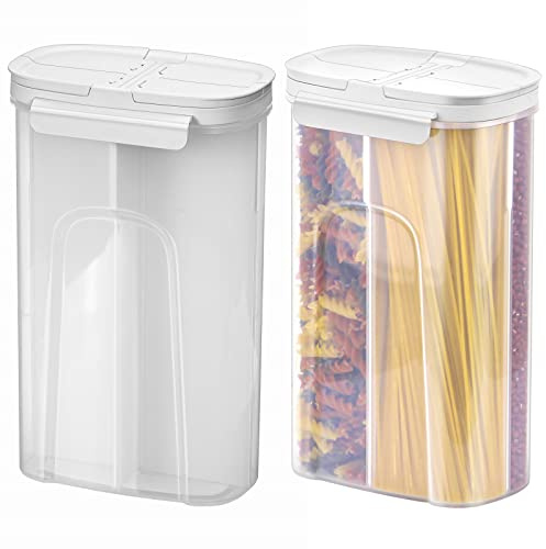 Poeland Barattoli con divisorio integrato, 4 scomparti per spaghetti, pasta, pasta, cereali, colore bianco, confezione da 2