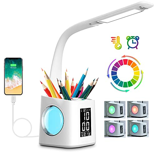 Wanjiaone Schreibtischlampe Kinder LED,Tischlampe Dimmbar mit Uhr, Nachttischlampe Tischleuchte mit 256 RGB Nachtlicht/Stifthalter/USB-Anschluss/3 Helligkeitsstufen/Wecker/für Studium, Büro