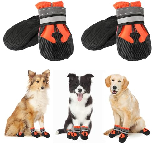 QKURT 4 Stück Hundeschuhe, Hundestiefel Pfotenschutz, wasserdichte Hundeschuhe mit Reflektierenden Riemen, Verstellbare, Waschbare, Pfotenschützer für Kleine, Mittlere und Große Hundee
