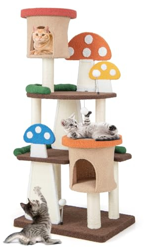 COSTWAY Kratzbaum in Pilzoptik, Katzenbaum mit 2 Katzenhöhlen & Sisal-Kratzbrett & Plattformen & Spielball, Kletterbaum Teddystoff, Katzen Katzenmöbel Kletterbaum, Katzenkratzbaum Holz, 69x49x146cm