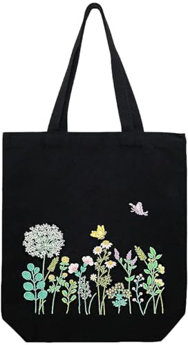 Canvas-Tragetasche, Sticksets für Anfänger und Erwachsene, gestempeltes Stickerei-Starter-Set mit Blumen- und Schmetterlingsmuster, Kunsthandwerk Nähen, Kreuzstich-Set, Tragetasche mit Reifennadeln