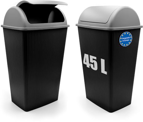 BigDean 2 Stück Mülleimer mit Schwingdeckel 45 L Anthrazit – Abfalleimer für die Küche & Büro – Müllbehälter aus robustem & geruchsdichtem Kunststoff – Made in Europe