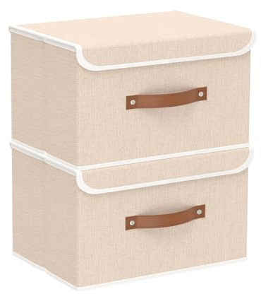 Yawinhe 2 Stück Faltbare Aufbewahrungsbox mit Deckel,33x23x20cm,Beige | Waschbare Aufbewahrungsboxen;Faltbare Stoff Stoffboxen;Kisten Aufbewahrung mit Praktischen Griffen;Faltboxen Aus Vliesstoff