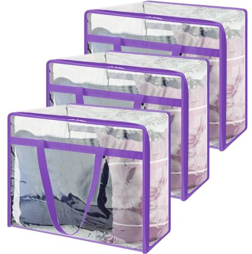 Litinliv Borsa Portaoggetti Grandi, Confezione da 3 Sacche per La Conservazione Trasparenti, con Manico e Zip, Borse di Stoccaggio Riutilizzabile, per Vestiti, Piumini, Coperte, Giocattoli